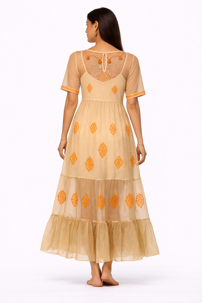 Brown Cotton Embroidered Sheer Maxi Dress with Inner | Loose Fit Bust & Waist | Tiered Flared Casual Ethnic Dress