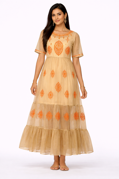 Brown Cotton Embroidered Sheer Maxi Dress with Inner | Loose Fit Bust & Waist | Tiered Flared Casual Ethnic Dress