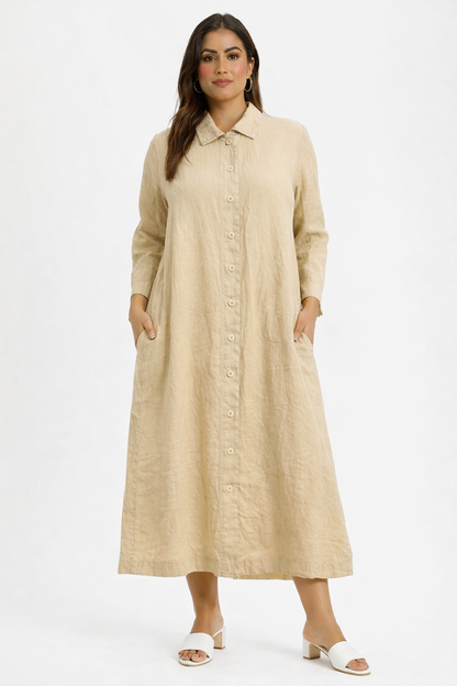Beige Cotton Loose Fit Shirt Dress with 2 Side Pockets