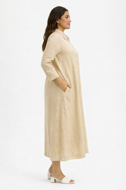 Beige Cotton Loose Fit Shirt Dress with 2 Side Pockets