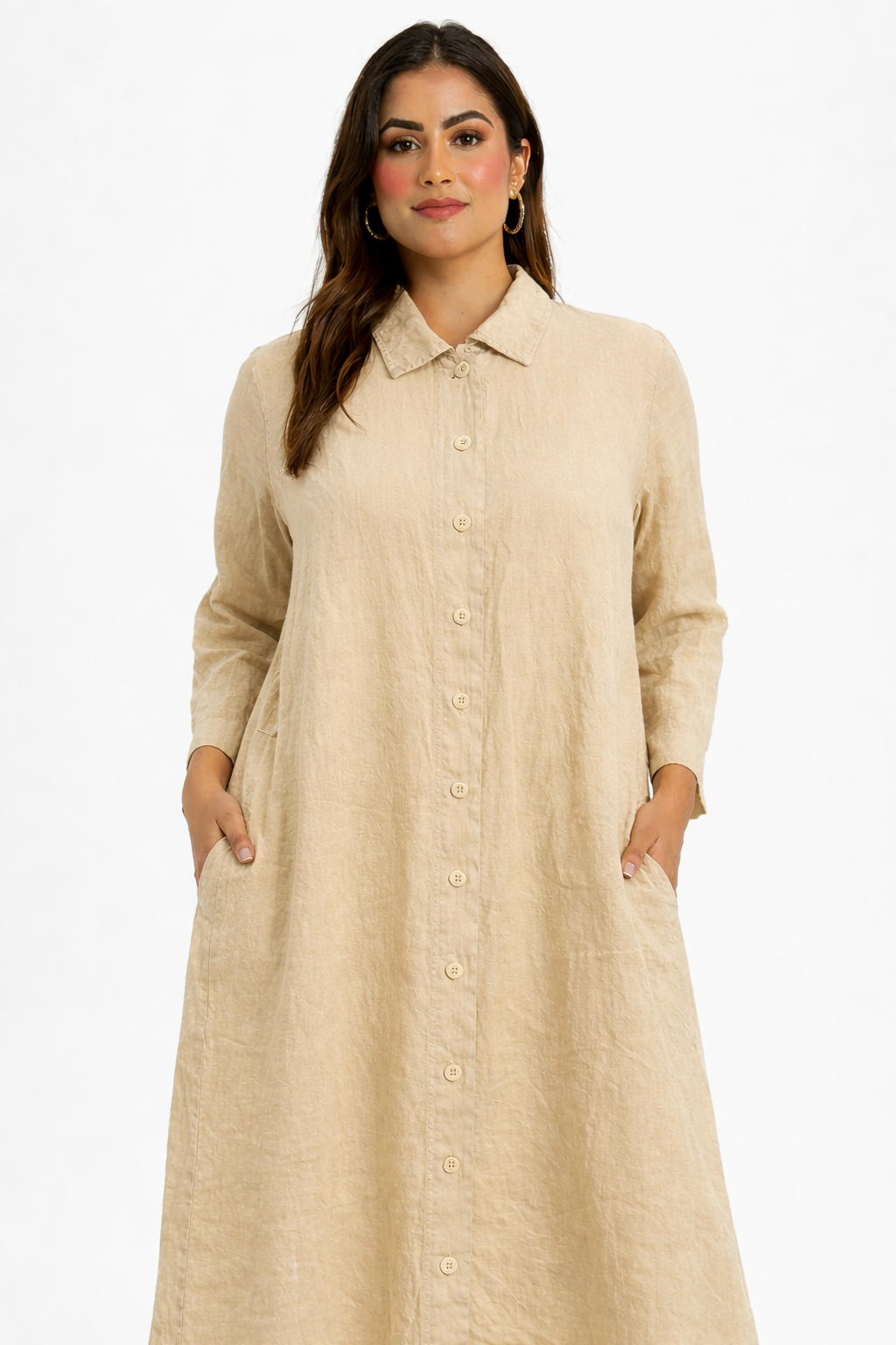 Beige Cotton Loose Fit Shirt Dress with 2 Side Pockets