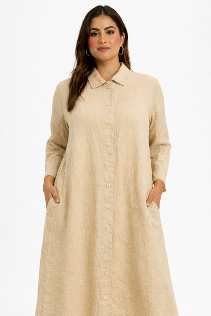 Beige Cotton Loose Fit Shirt Dress with 2 Side Pockets