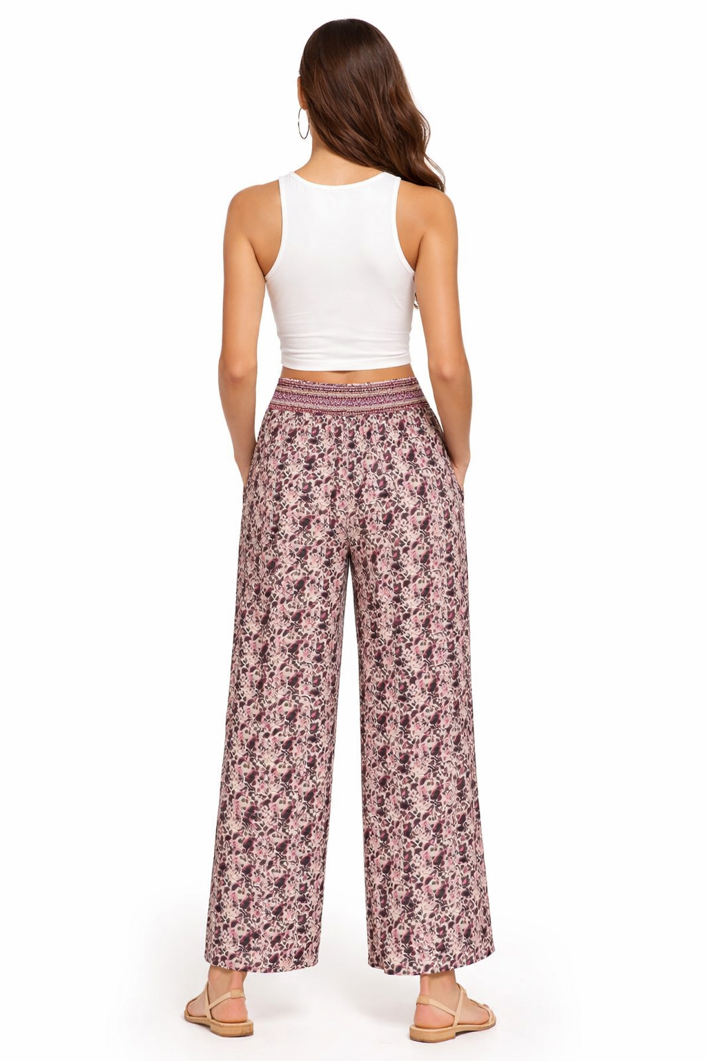 Printed Cotton Blend Wide Leg Palazzo Pants with 4 Pockets | Elastic Waist Loose Fit Full Length Trouser
