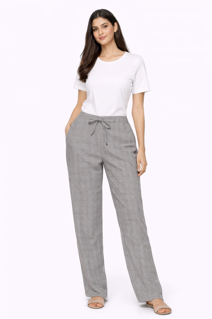 Grey Check High Waist Straight Fit Trousers | 4 Pocket Casual Formal Pants