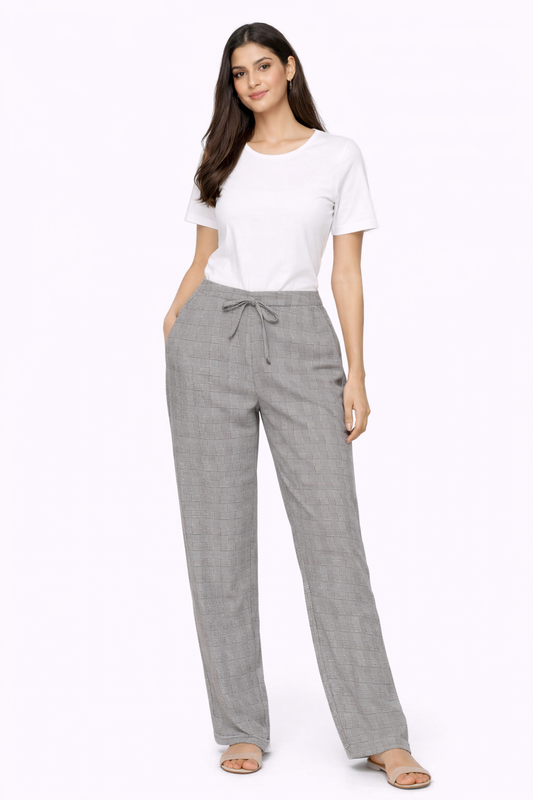Grey Check High Waist Straight Fit Trousers | 4 Pocket Casual Formal Pants