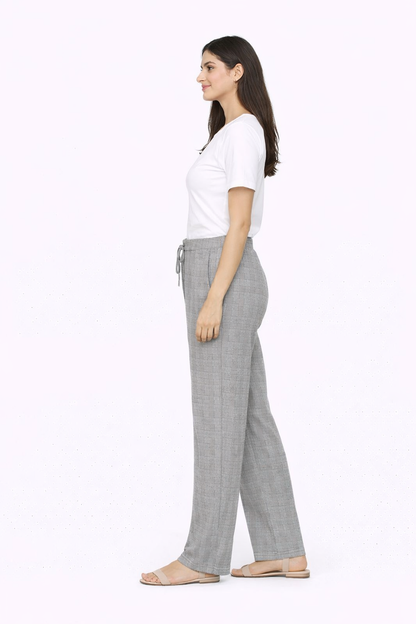 Grey Check High Waist Straight Fit Trousers | 4 Pocket Casual Formal Pants