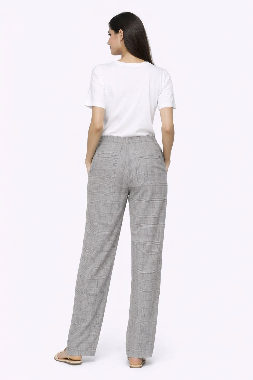 Grey Check High Waist Straight Fit Trousers | 4 Pocket Casual Formal Pants