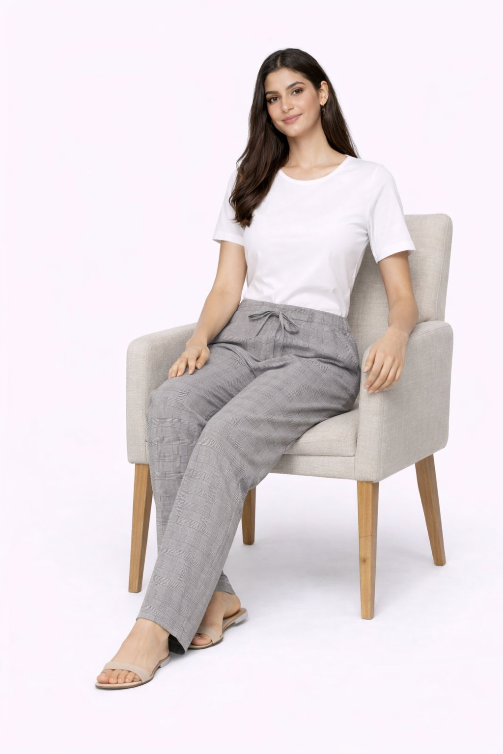 Grey Check High Waist Straight Fit Trousers | 4 Pocket Casual Formal Pants