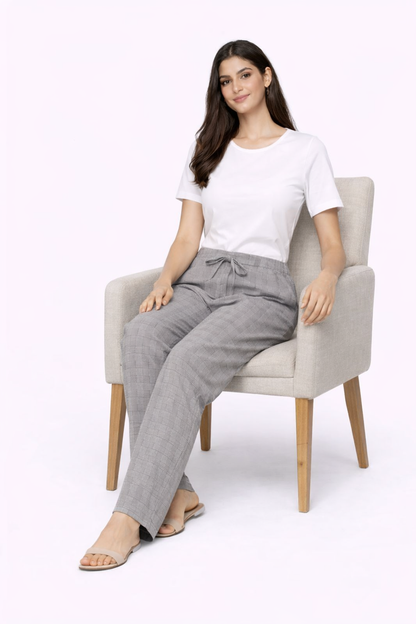 Grey Check High Waist Straight Fit Trousers | 4 Pocket Casual Formal Pants