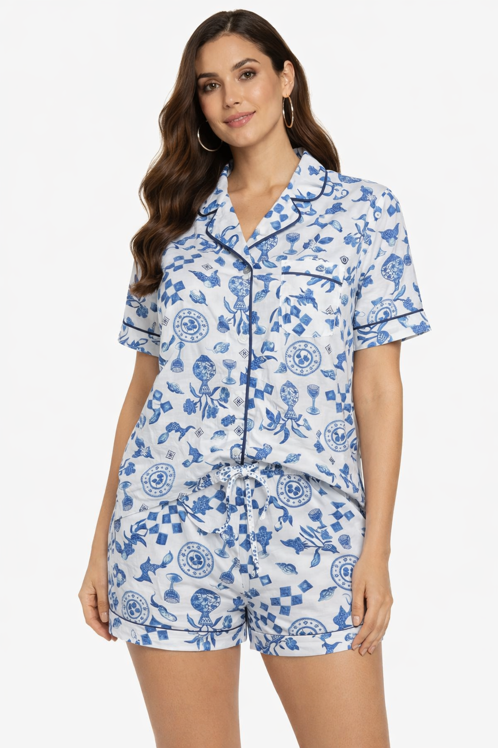 Cotton Printed Night Suit Set – Short Sleeve Notched Collar Shirt & Elastic Waist Shorts Sleepwear Co-ord Set