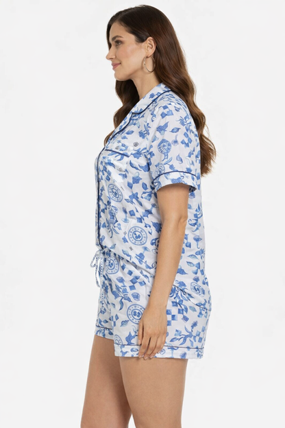 Cotton Printed Night Suit Set – Short Sleeve Notched Collar Shirt & Elastic Waist Shorts Sleepwear Co-ord Set
