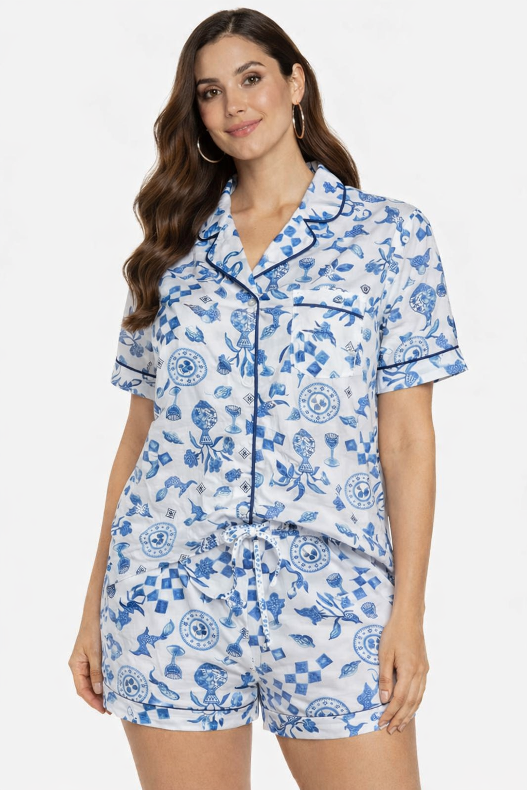Cotton Printed Night Suit Set – Short Sleeve Notched Collar Shirt & Elastic Waist Shorts Sleepwear Co-ord Set