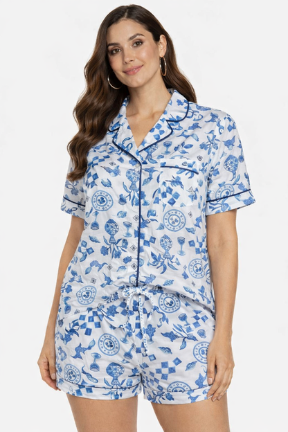 Cotton Printed Night Suit Set – Short Sleeve Notched Collar Shirt & Elastic Waist Shorts Sleepwear Co-ord Set