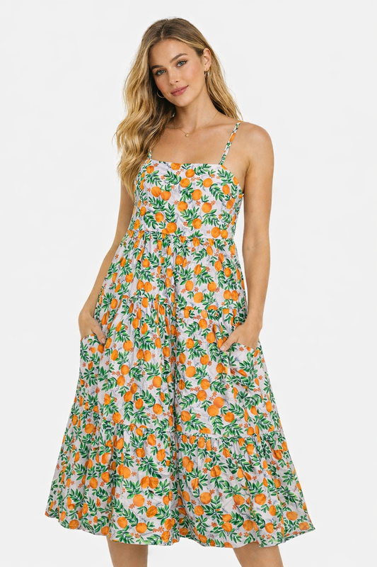 Floral Print Cotton Fit & Flare Tiered Midi Dress with Pockets | Sleeveless Strappy Dress | Inner Attached