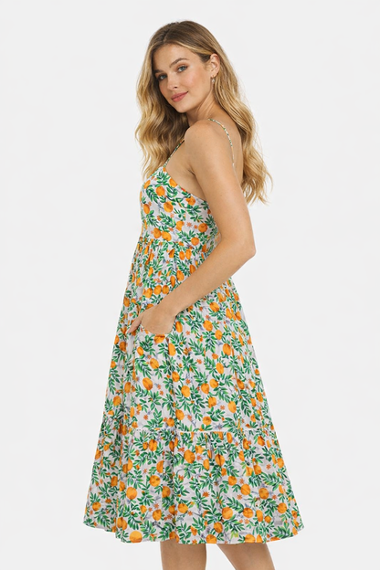 Floral Print Cotton Fit & Flare Tiered Midi Dress with Pockets | Sleeveless Strappy Dress | Inner Attached