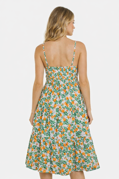 Floral Print Cotton Fit & Flare Tiered Midi Dress with Pockets | Sleeveless Strappy Dress | Inner Attached
