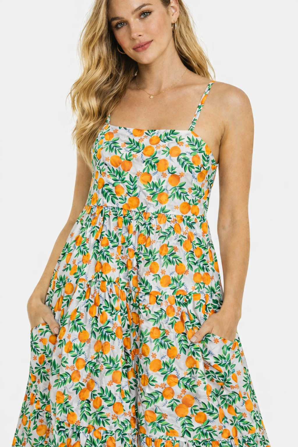 Floral Print Cotton Fit & Flare Tiered Midi Dress with Pockets | Sleeveless Strappy Dress | Inner Attached