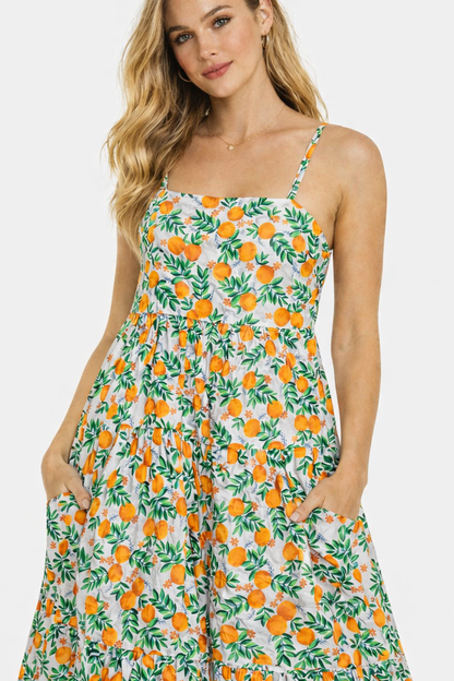 Floral Print Cotton Fit & Flare Tiered Midi Dress with Pockets | Sleeveless Strappy Dress | Inner Attached