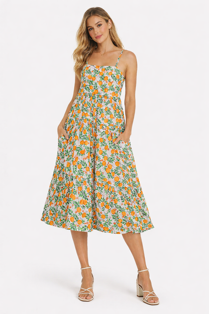 Floral Print Cotton Fit & Flare Tiered Midi Dress with Pockets | Sleeveless Strappy Dress | Inner Attached