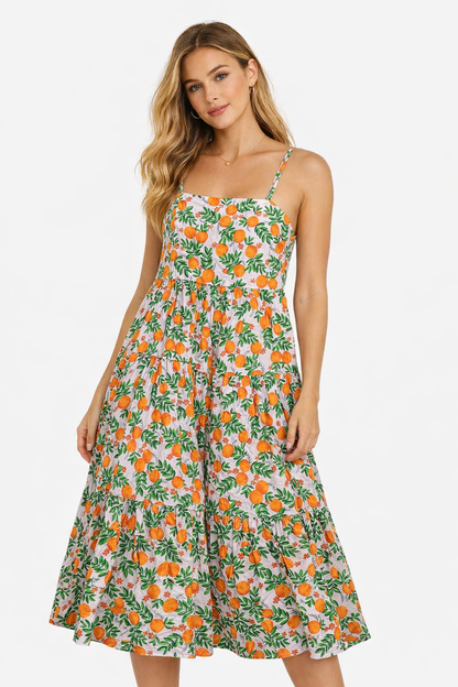 Floral Print Cotton Fit & Flare Tiered Midi Dress with Pockets | Sleeveless Strappy Dress | Inner Attached