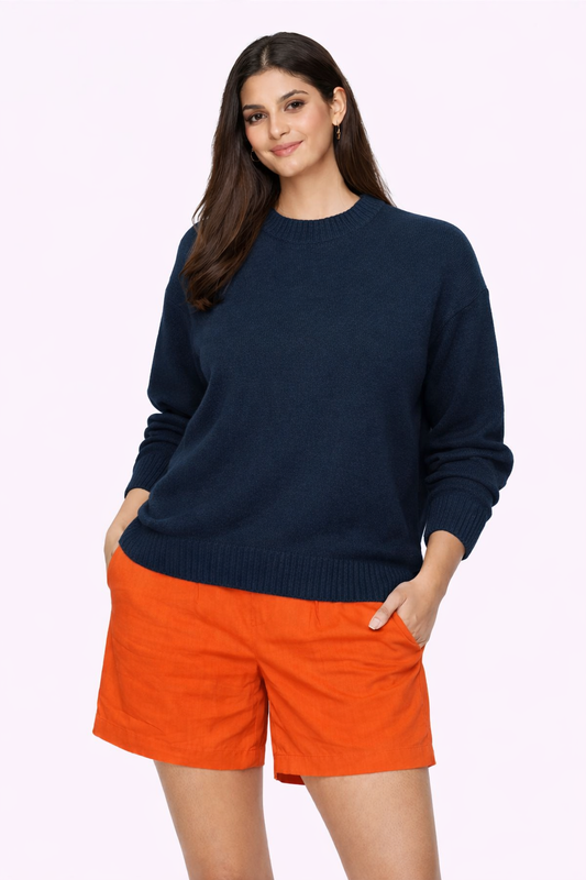 Dark Blue Solid Oversized Sweater | Drop Shoulder Loose Fit Winter Pullover