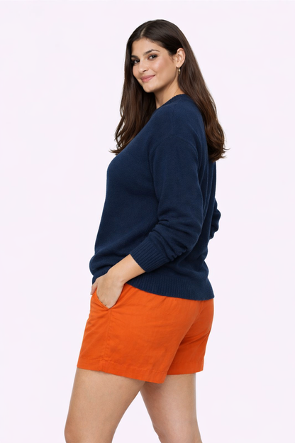 Dark Blue Solid Oversized Sweater | Drop Shoulder Loose Fit Winter Pullover