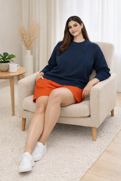 Dark Blue Solid Oversized Sweater | Drop Shoulder Loose Fit Winter Pullover
