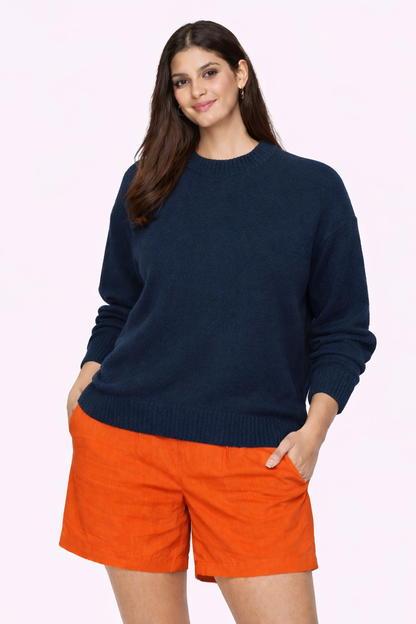 Dark Blue Solid Oversized Sweater | Drop Shoulder Loose Fit Winter Pullover