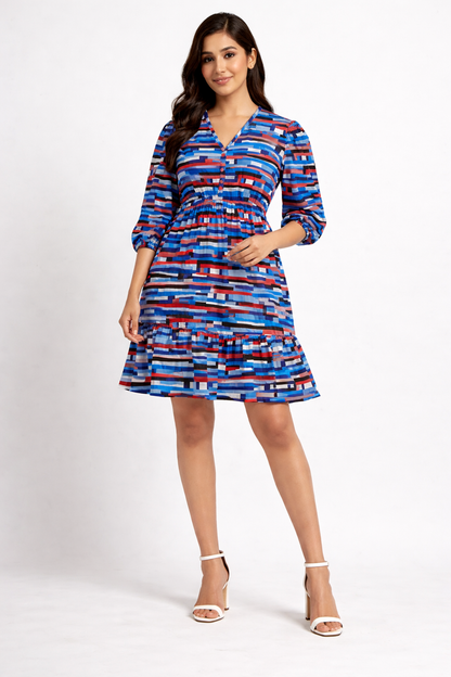 Multi Colour Printed Fit & Flare Knee Length Dress | Loose Waist Casual Western Dress