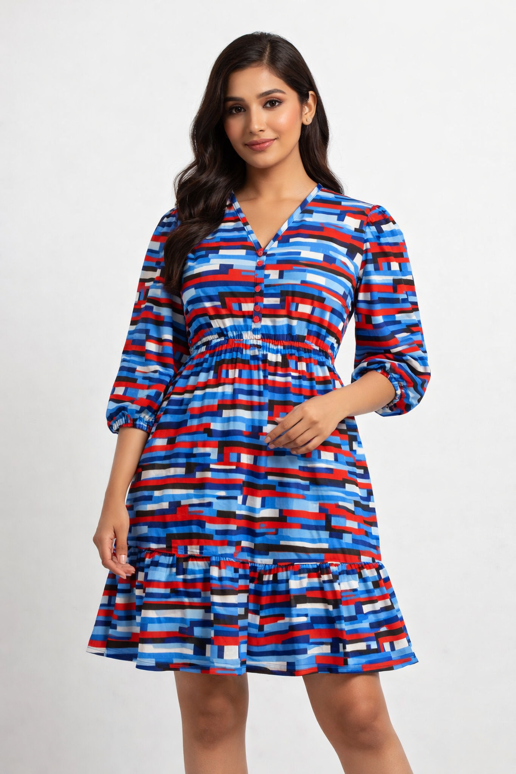 Multi Colour Printed Fit & Flare Knee Length Dress | Loose Waist Casual Western Dress