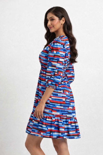 Multi Colour Printed Fit & Flare Knee Length Dress | Loose Waist Casual Western Dress