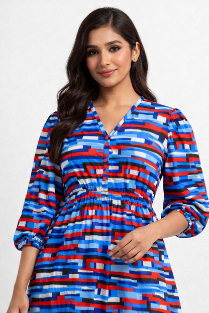 Multi Colour Printed Fit & Flare Knee Length Dress | Loose Waist Casual Western Dress