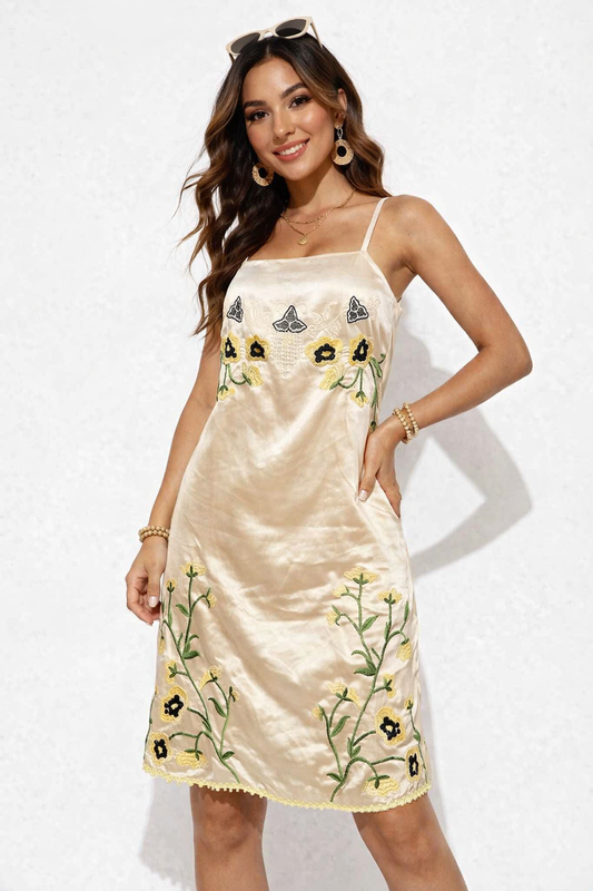 Light Beige Silk Slip Dress | Sleeveless Spaghetti Strap | Loose Fit Vacation / Honeymoon Dress