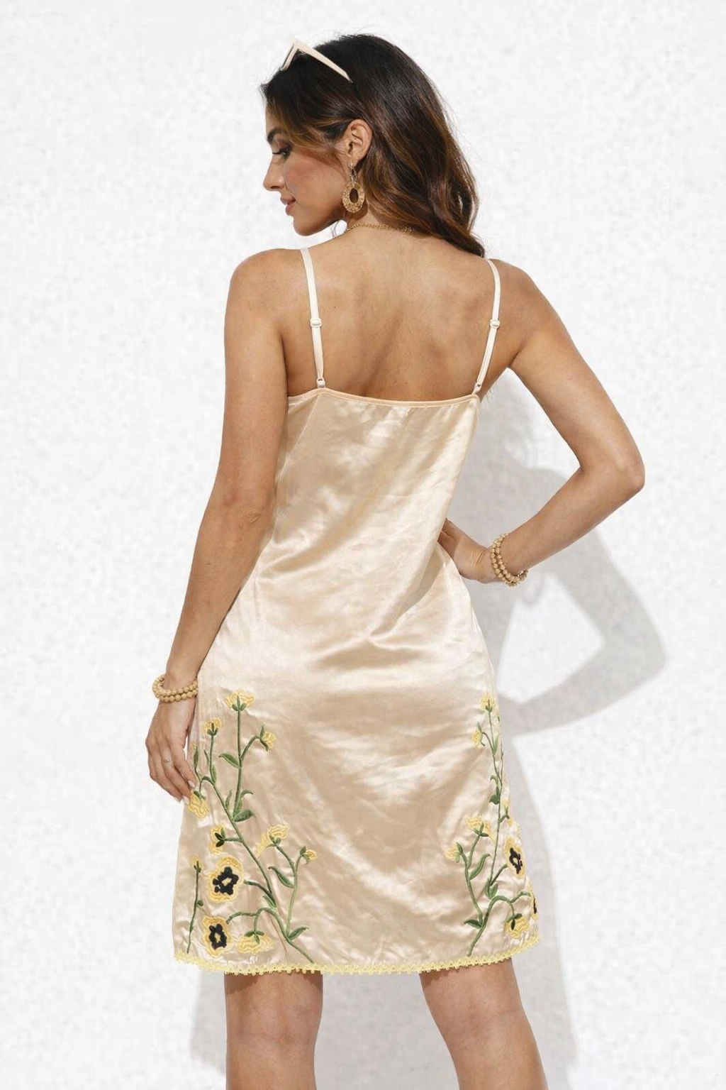 Light Beige Silk Slip Dress | Sleeveless Spaghetti Strap | Loose Fit Vacation / Honeymoon Dress
