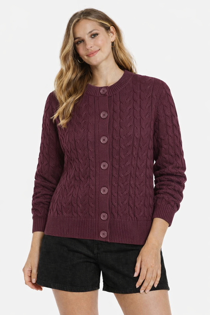 Viscose Wine Cable Knit Button Front Cardigan