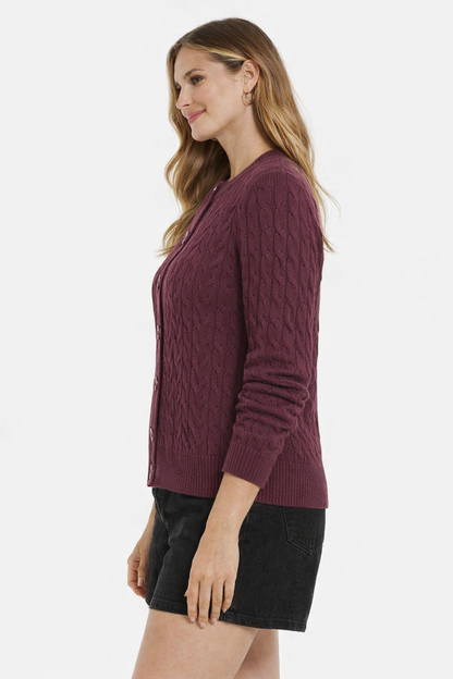 Viscose Wine Cable Knit Button Front Cardigan