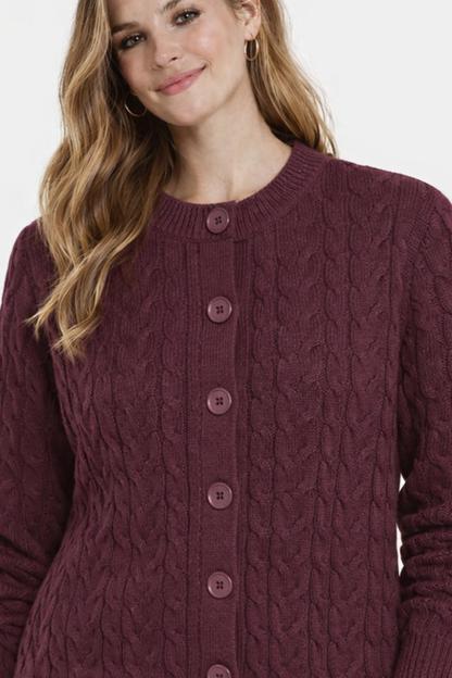 Viscose Wine Cable Knit Button Front Cardigan