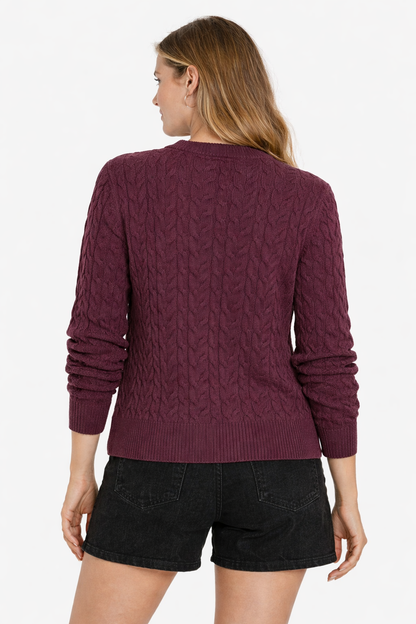 Viscose Wine Cable Knit Button Front Cardigan