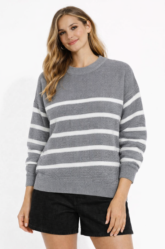 Acrylic Grey Striped Knit Sweater Loose Fit Winter Pullover