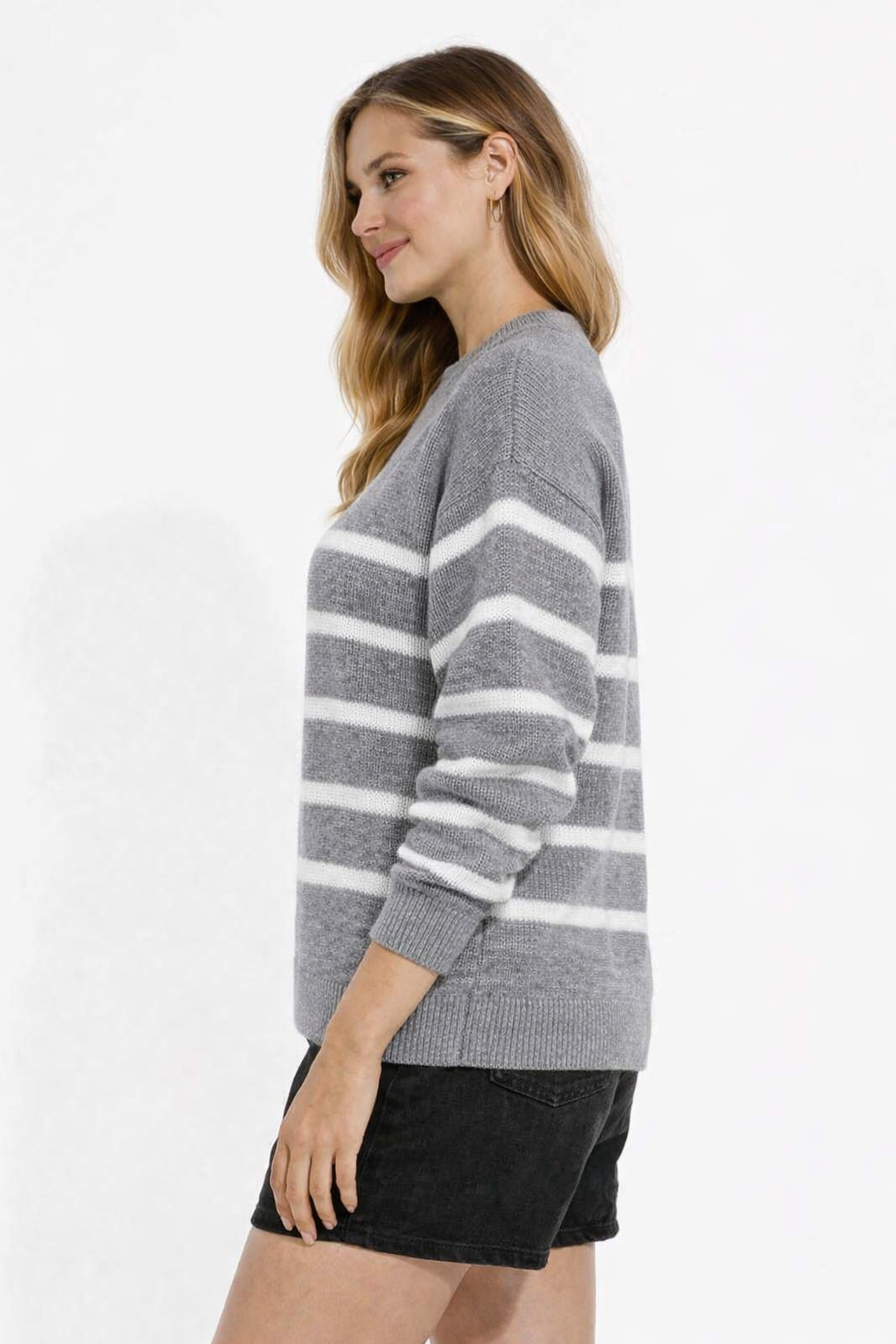 Acrylic Grey Striped Knit Sweater Loose Fit Winter Pullover