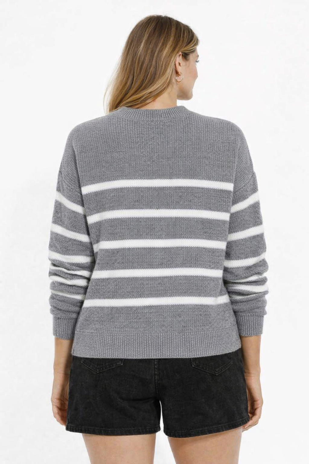 Acrylic Grey Striped Knit Sweater Loose Fit Winter Pullover