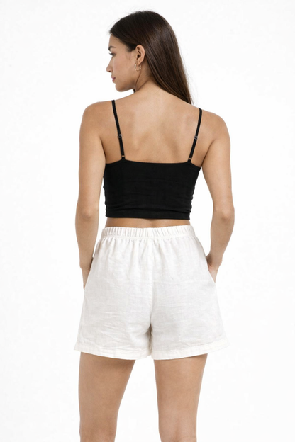 White 100% Cotton Relaxed Fit Shorts with 2 Side Pockets & Drawstring Waist