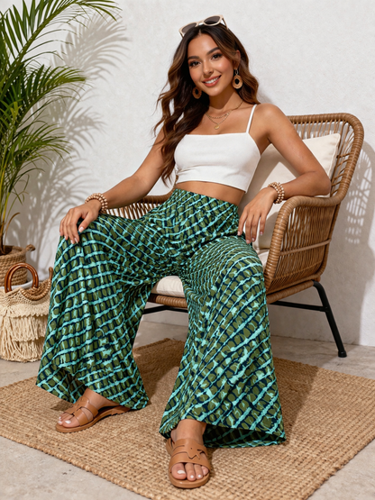 Green Cotton Printed Wide Leg Palazzo Pants | High Waist Loose Fit Casual Trousers