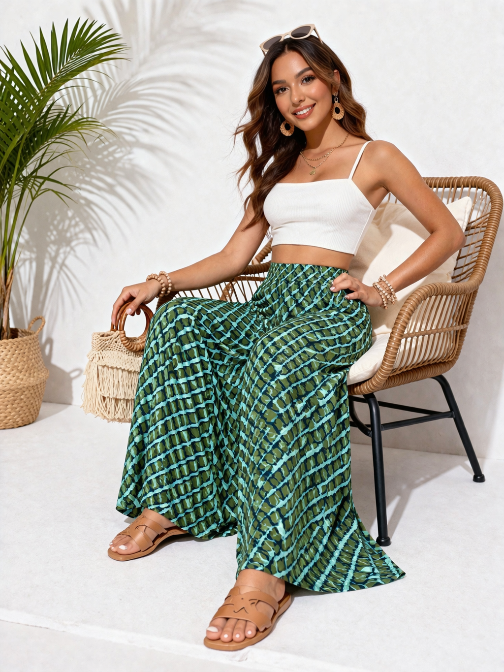 Green Cotton Printed Wide Leg Palazzo Pants | High Waist Loose Fit Casual Trousers