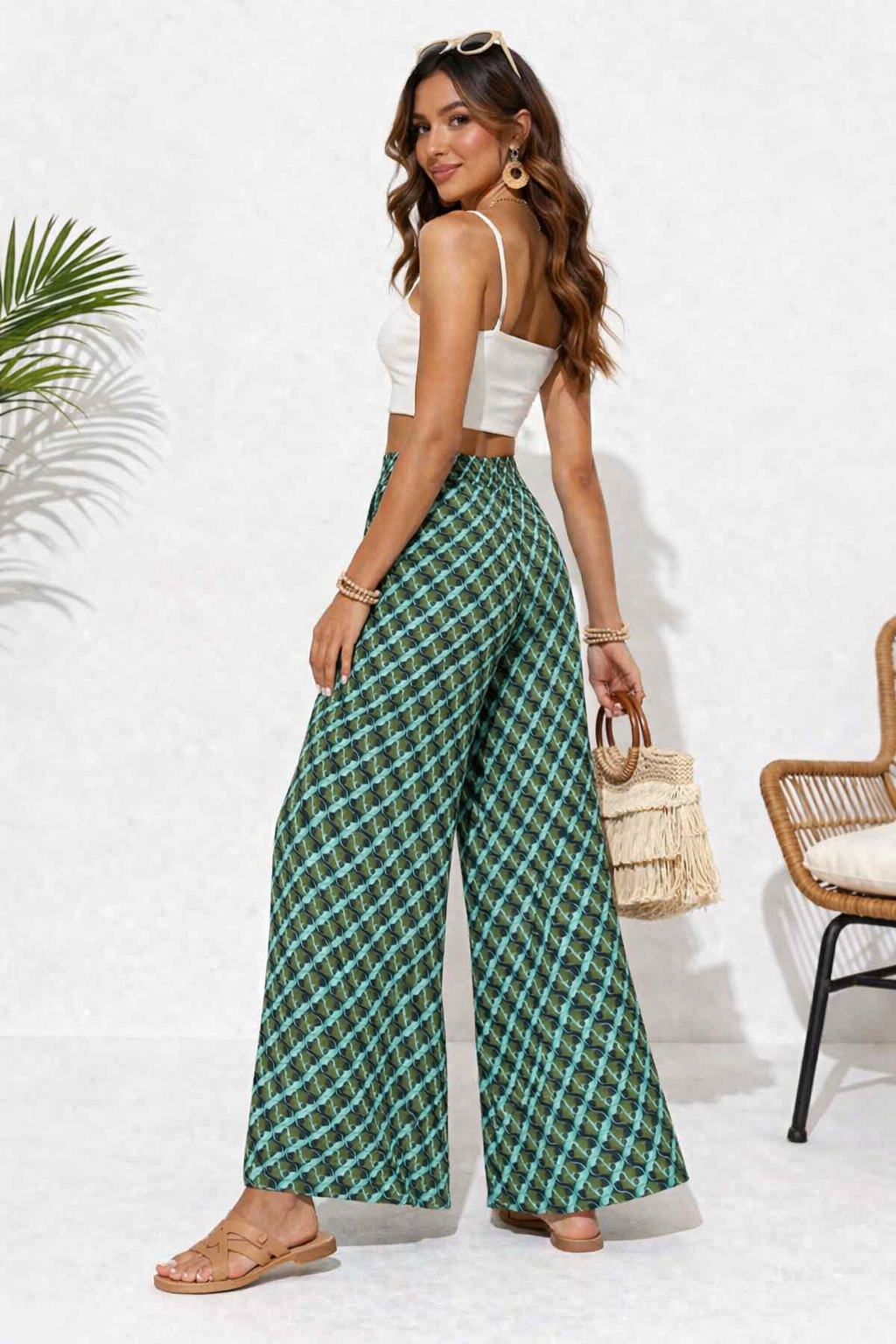 Green Cotton Printed Wide Leg Palazzo Pants | High Waist Loose Fit Casual Trousers