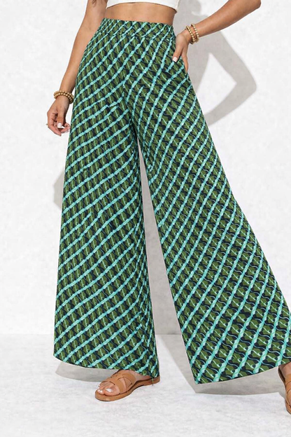 Green Cotton Printed Wide Leg Palazzo Pants | High Waist Loose Fit Casual Trousers