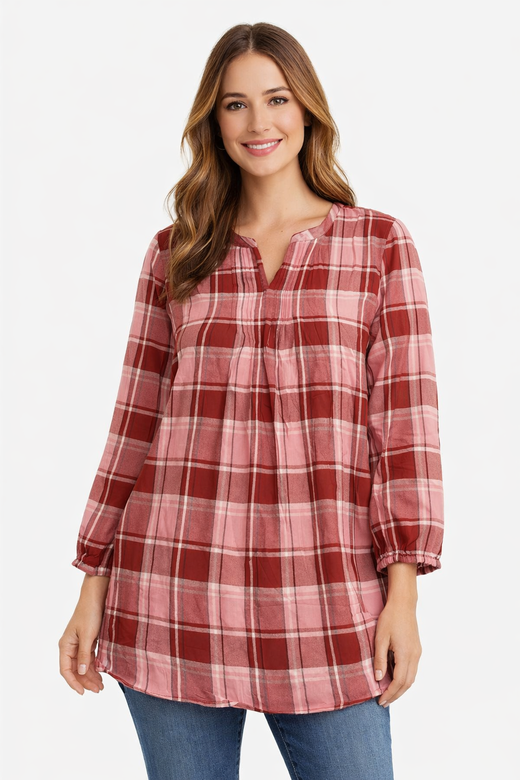 Red Checked Rayon Long Tunic Top | Loose Fit Casual Long Top