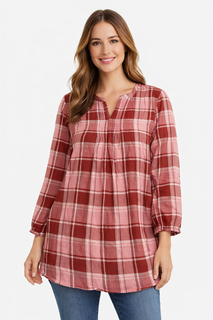 Red Checked Rayon Long Tunic Top | Loose Fit Casual Long Top