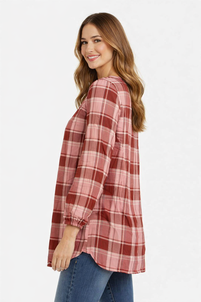 Red Checked Rayon Long Tunic Top | Loose Fit Casual Long Top