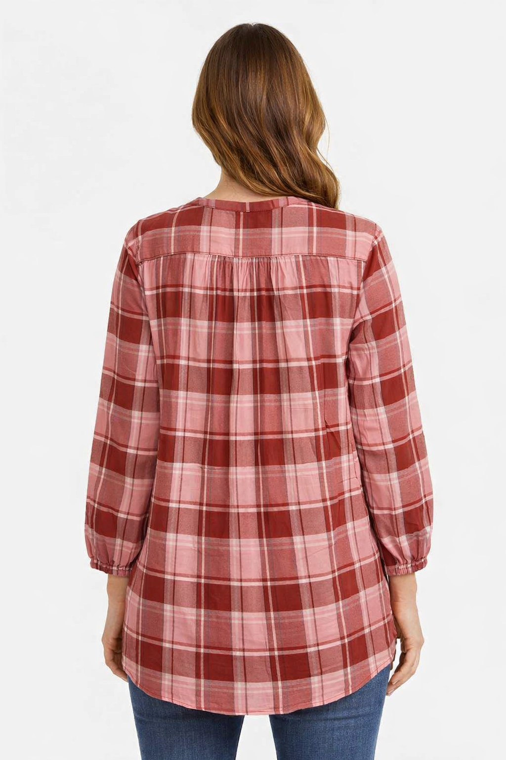 Red Checked Rayon Long Tunic Top | Loose Fit Casual Long Top